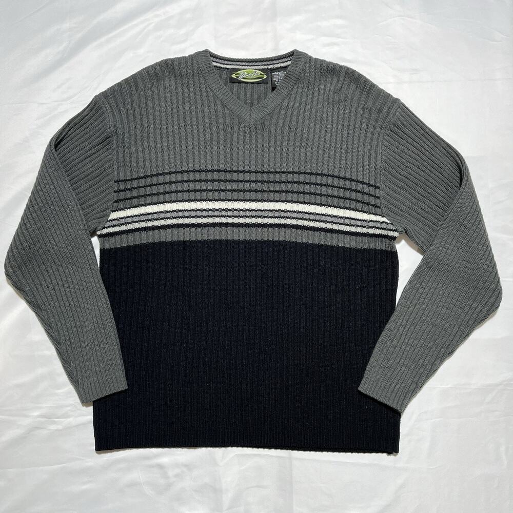 Vintage Y2K White Out Gray Ribbed V Neck Striped Sweater XL Grandpa Collegecore